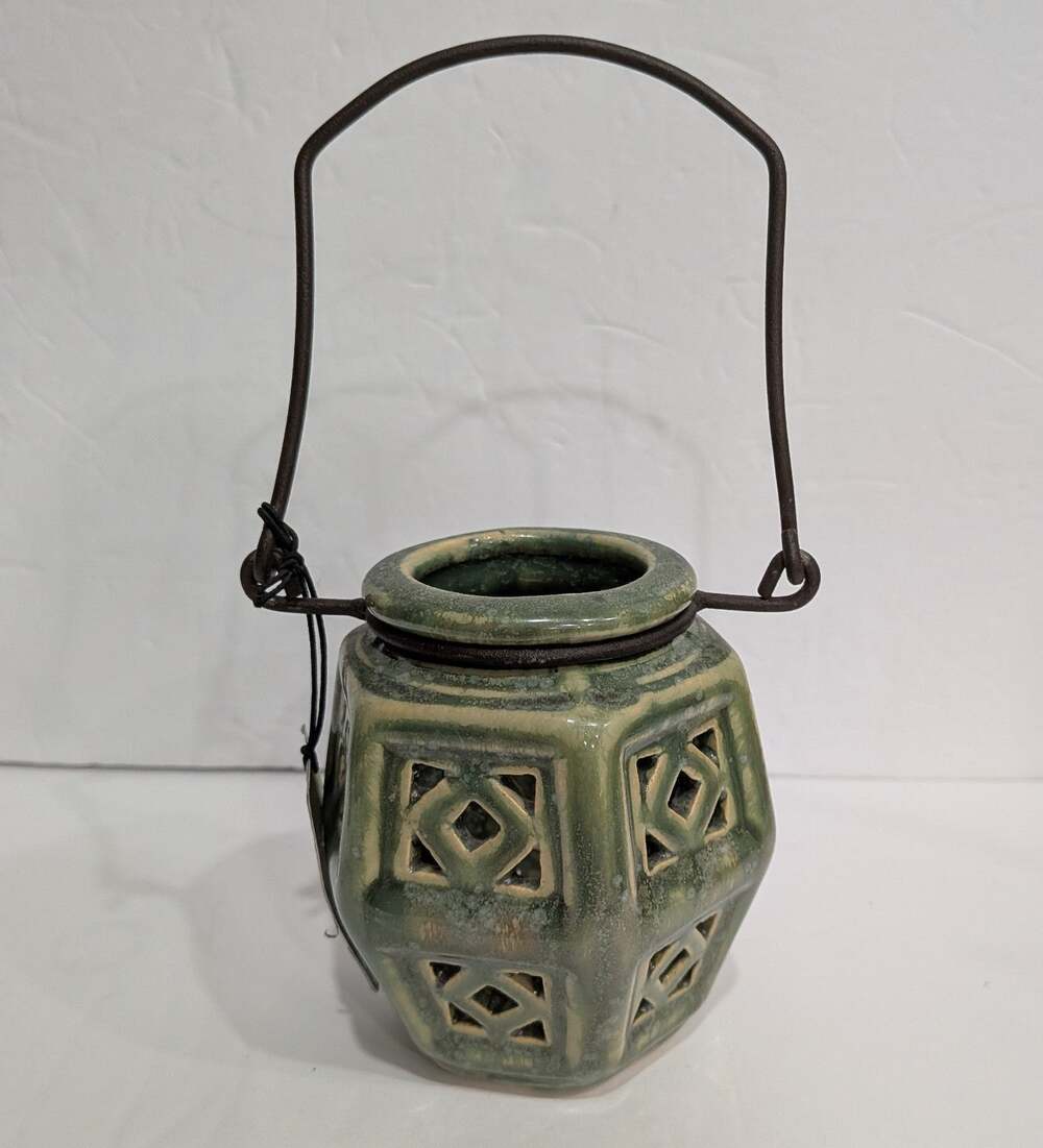 Hanging Candle Lantern Geometric Cutout NWT Habitudes David Bishop Green Ceramic
